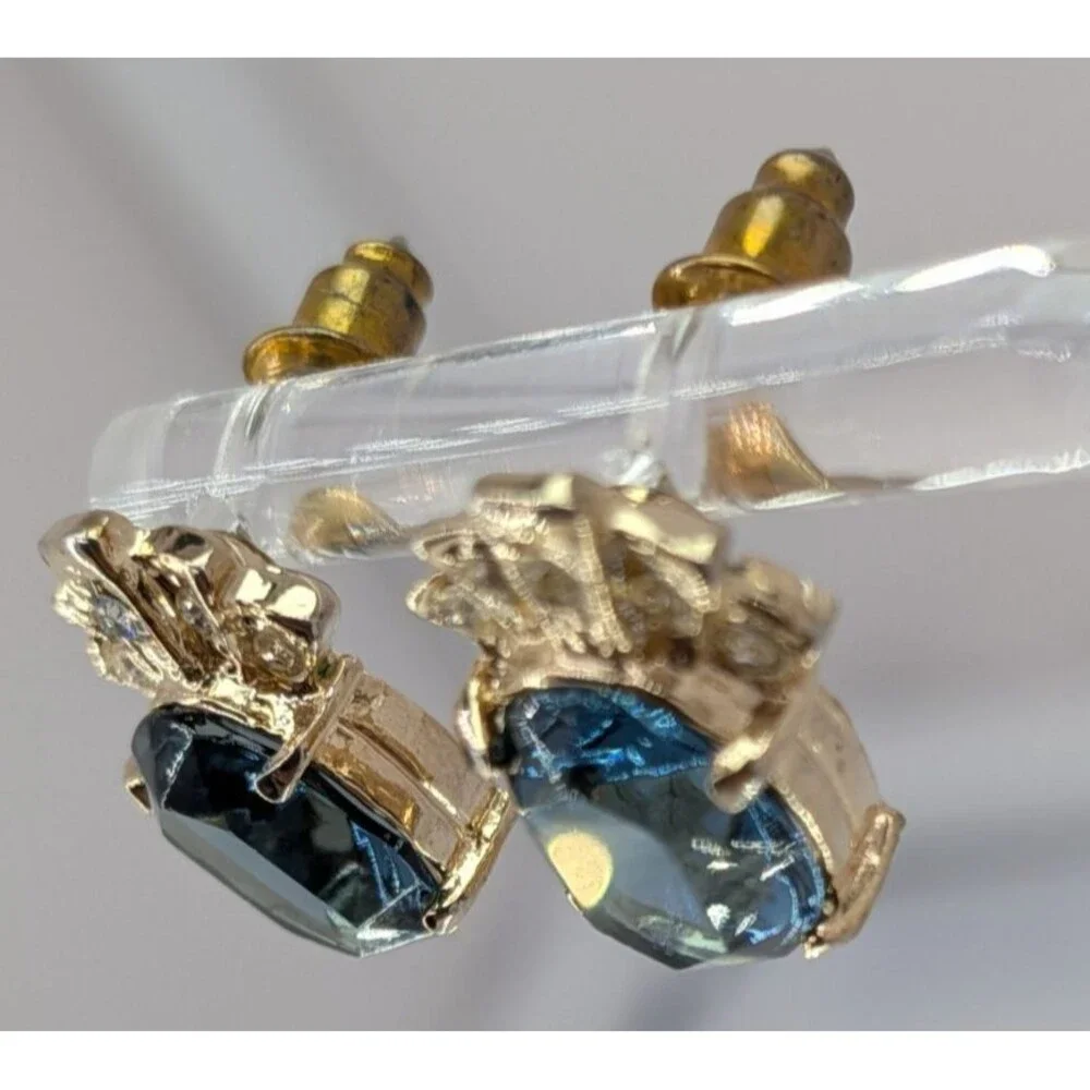 Vintage Blue Glass Stud Earrings Clear Rhinestone Crown Gold Tone Pierced 15mm